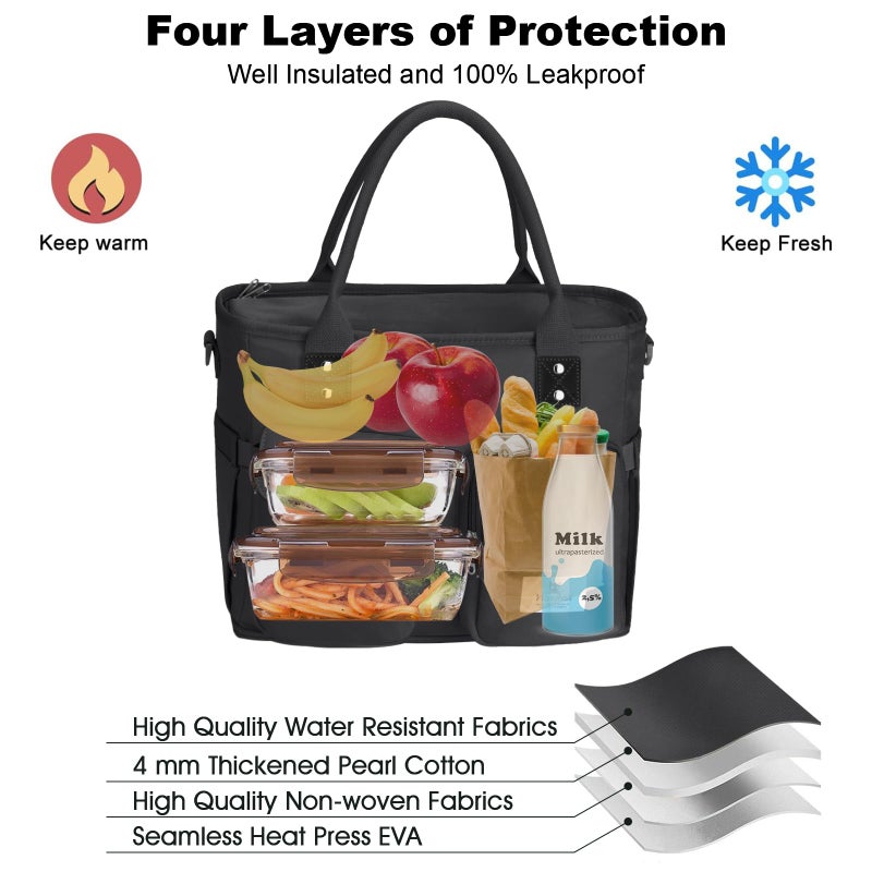 Hafmall Large Insulated Lunch Bag for Women Men, Leakproof Lunch Box for Adults, Wide Opening Lunch Tote Bag with Shoulder Strap, Reusable Lunch Cooler Bag for Work, Picnic, Black - Image 4