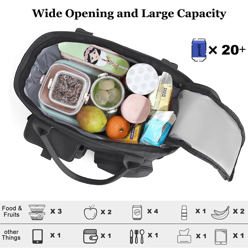 Hafmall Large Insulated Lunch Bag for Women Men, Leakproof Lunch Box for Adults, Wide Opening Lunch Tote Bag with Shoulder Strap, Reusable Lunch Cooler Bag for Work, Picnic, Black - Image 2