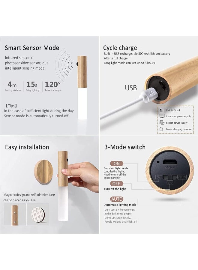 مجموعة من 2 مصباح LED ليلي قابل لإعادة الشحن مع مستشعر حركة ومفتاح 3 أوضاع، مصابيح حائط لاسلكية محمولة، مصباح مغناطيسي صغير من الخشب لغرفة النوم والحمام والممر والسلم - Image 3