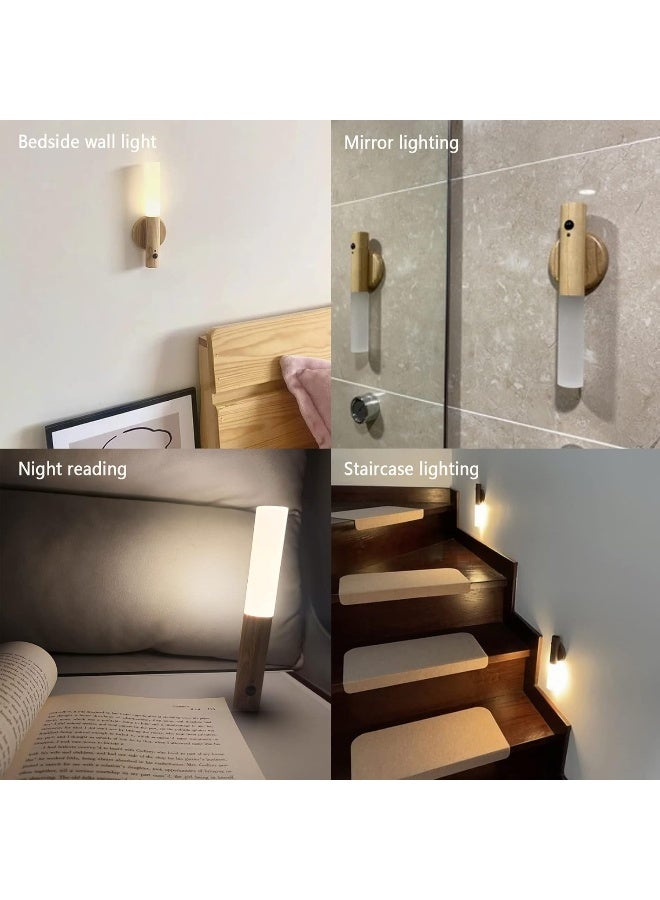 مجموعة من 2 مصباح LED ليلي قابل لإعادة الشحن مع مستشعر حركة ومفتاح 3 أوضاع، مصابيح حائط لاسلكية محمولة، مصباح مغناطيسي صغير من الخشب لغرفة النوم والحمام والممر والسلم - Image 5