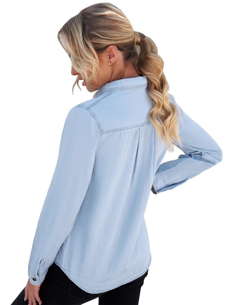 Vetinee Women's Light Blue Button Down Denim Shirt Collared Classical Casual Vintage Retro Long Sleeve Pockets Tunic Fall Tops Blouse Size Medium - Image 2