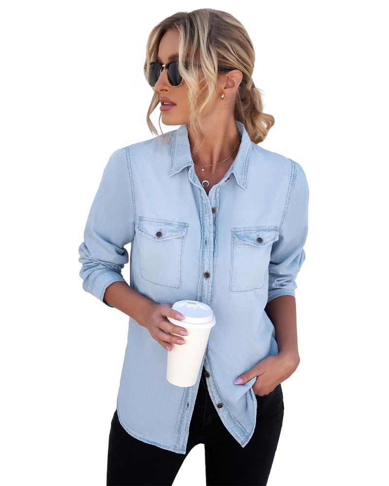 Vetinee Women's Light Blue Button Down Denim Shirt Collared Classical Casual Vintage Retro Long Sleeve Pockets Tunic Fall Tops Blouse Size Medium - Image 4