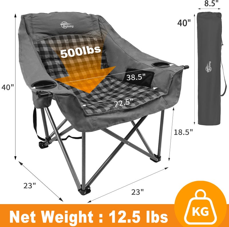 Bolosy Oversized Camping Chairs for Adults Heavy Duty Padded Portable Lawn Chairs Outdoor Folding Chairs XL Camp Chairs with Cup Holder Suproot 500 lbs, Gray Plaid - Image 4