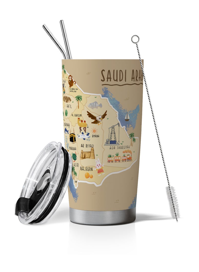 جالادون Galadune كوب قهوة للسفر مصنوع من الفولاذ المقاوم للصدأ، كوب معزول بفراغ مزدوج الطبقات، بنمط خريطة المملكة العربية السعودية، سعة 20 أونصة، مناسب للمشروبات المثلجة والساخنة - Image 1