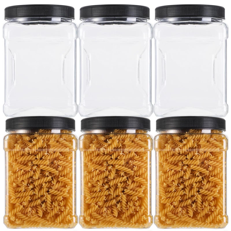 Lawei Square Plastic Jars with Lids  Clear Empty Storage Containers for Food Storage Plastic Food Jars with Easy Grip Handles for Dry Goods Cookies Rice and More 6 Pack 60 Oz