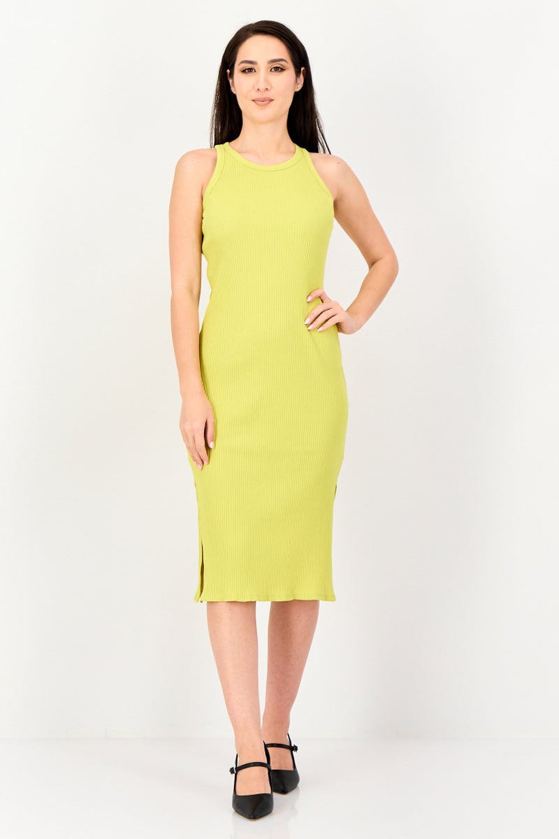 promod Women Rip Sleeveless Bodycon Dress, Lime Green - Image 1