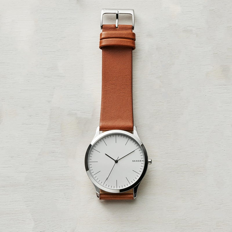 Skagen ساعة سكاجن للرجال Jorn كوارتز بثلاثة عقارب من الفولاذ المقاوم للصدأ الفضي وحزام جلد بني (الموديل: SKW6331) - Image 4