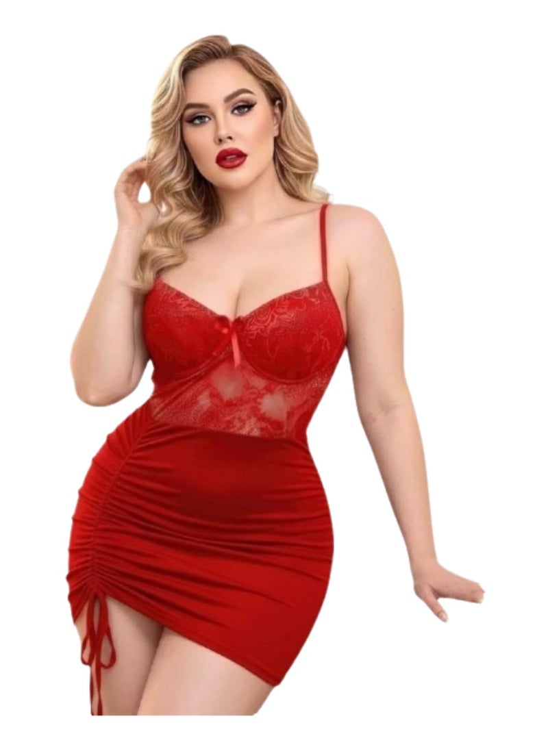 Women’s Ruched Bodycon, imported Butter material, Mini Dress with Lace Bodice - Up to 65 KG