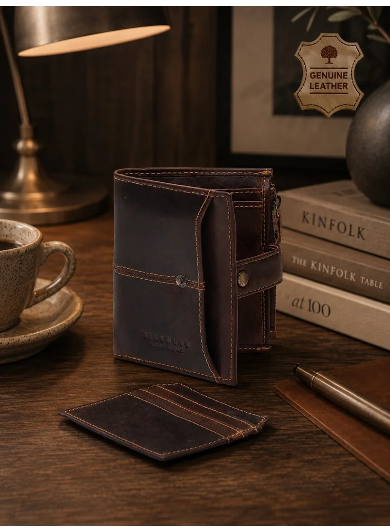 TEAKWOOD Teakwood Leather Genuine Leather Bi-Fold Wallet for Men | Brown RFID Protected Wallet with Button Closure | 2 Main Compartments | 5 Card Slots | 2 ID Windows | 2 Slip Pockets | Zip Coin Pocket | Detachable Card Holder | Premium Daily Use Wallet