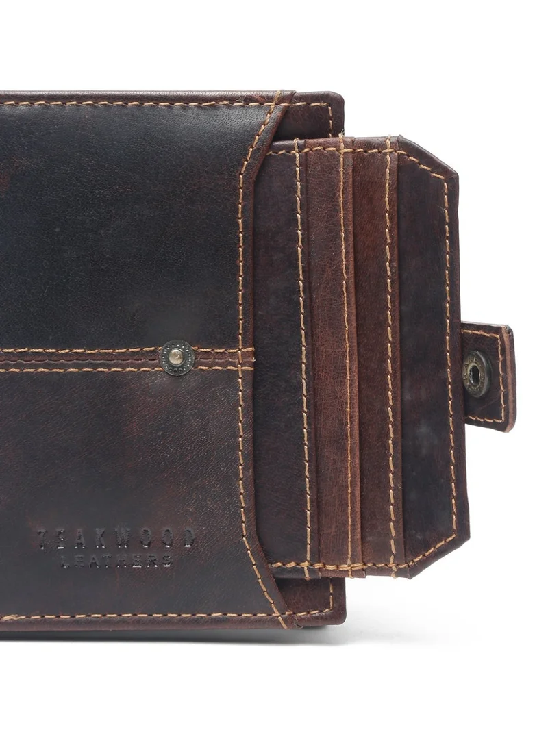 Teakwood brown Teakwood Leather Genuine Leather Bi-Fold Wallet for Men | Brown RFID Protected Wallet with Button Closure | 2 Main Compartments | 5 Card Slots | 2 ID Windows | 2 Slip Pockets | Zip Coin Pocket | Detachable Card Holder | Premium Daily Use Wallet for Men | Best Price UAE