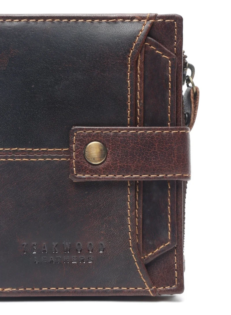 Teakwood brown Teakwood Leather Genuine Leather Bi-Fold Wallet for Men | Brown RFID Protected Wallet with Button Closure | 2 Main Compartments | 5 Card Slots | 2 ID Windows | 2 Slip Pockets | Zip Coin Pocket | Detachable Card Holder | Premium Daily Use Wallet for Men | Best Price UAE