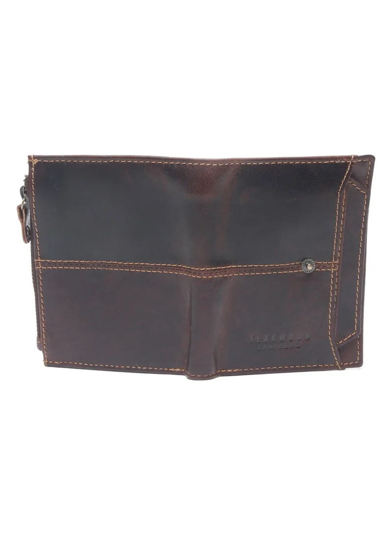 Teakwood brown Teakwood Leather Genuine Leather Bi-Fold Wallet for Men | Brown RFID Protected Wallet with Button Closure | 2 Main Compartments | 5 Card Slots | 2 ID Windows | 2 Slip Pockets | Zip Coin Pocket | Detachable Card Holder | Premium Daily Use Wallet for Men | Best Price UAE
