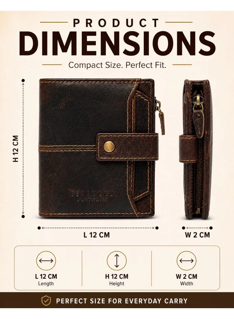 Teakwood brown Teakwood Leather Genuine Leather Bi-Fold Wallet for Men | Brown RFID Protected Wallet with Button Closure | 2 Main Compartments | 5 Card Slots | 2 ID Windows | 2 Slip Pockets | Zip Coin Pocket | Detachable Card Holder | Premium Daily Use Wallet for Men | Best Price UAE