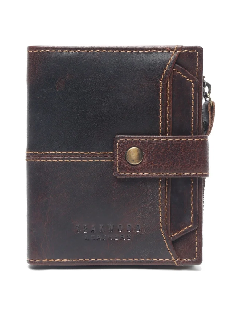 Teakwood brown Teakwood Leather Genuine Leather Bi-Fold Wallet for Men | Brown RFID Protected Wallet with Button Closure | 2 Main Compartments | 5 Card Slots | 2 ID Windows | 2 Slip Pockets | Zip Coin Pocket | Detachable Card Holder | Premium Daily Use Wallet for Men | Best Price UAE