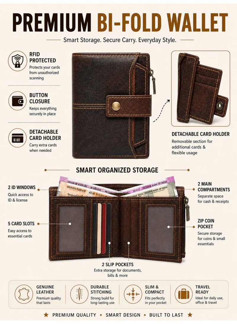 TEAKWOOD Teakwood Leather Genuine Leather Bi-Fold Wallet for Men | Brown RFID Protected Wallet with Button Closure | 2 Main Compartments | 5 Card Slots | 2 ID Windows | 2 Slip Pockets | Zip Coin Pocket | Detachable Card Holder | Premium Daily Use Wallet