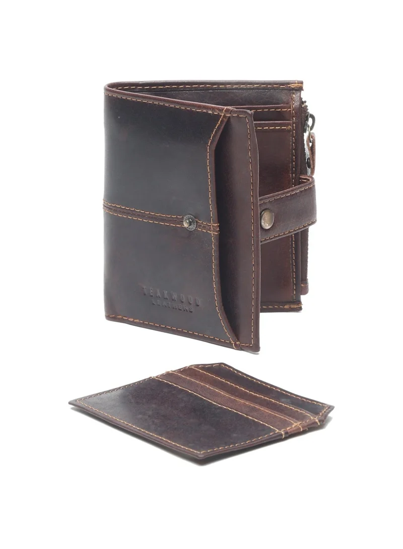 Teakwood brown Teakwood Leather Genuine Leather Bi-Fold Wallet for Men | Brown RFID Protected Wallet with Button Closure | 2 Main Compartments | 5 Card Slots | 2 ID Windows | 2 Slip Pockets | Zip Coin Pocket | Detachable Card Holder | Premium Daily Use Wallet for Men | Best Price UAE