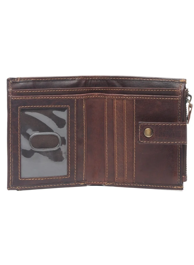 Teakwood brown Teakwood Leather Genuine Leather Bi-Fold Wallet for Men | Brown RFID Protected Wallet with Button Closure | 2 Main Compartments | 5 Card Slots | 2 ID Windows | 2 Slip Pockets | Zip Coin Pocket | Detachable Card Holder | Premium Daily Use Wallet for Men | Best Price UAE