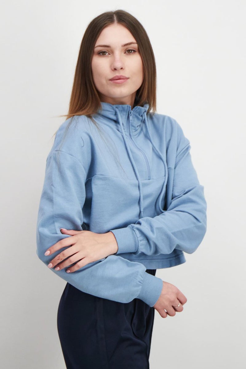 XOXO Women Cropped Plain Long Sleeves Sweater, Blue - Image 1