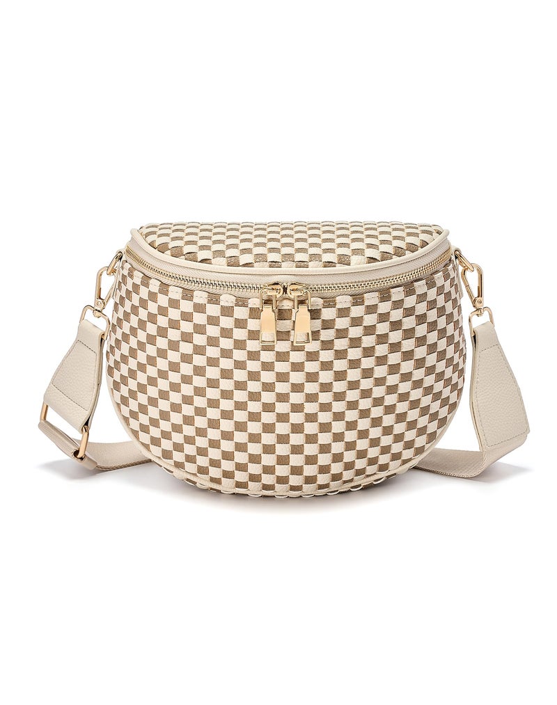 MEISEY Trendy Woven Checkered Crossbody Bum Bag for Womenï¼ŒPU Leather Checkered Purse Fanny Packs Belt Bag (Woven Bum Bag - Khaki Beige) - Image 1