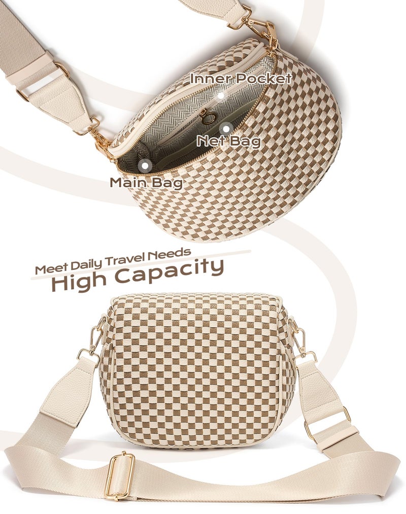 MEISEY Trendy Woven Checkered Crossbody Bum Bag for Womenï¼ŒPU Leather Checkered Purse Fanny Packs Belt Bag (Woven Bum Bag - Khaki Beige) - Image 4