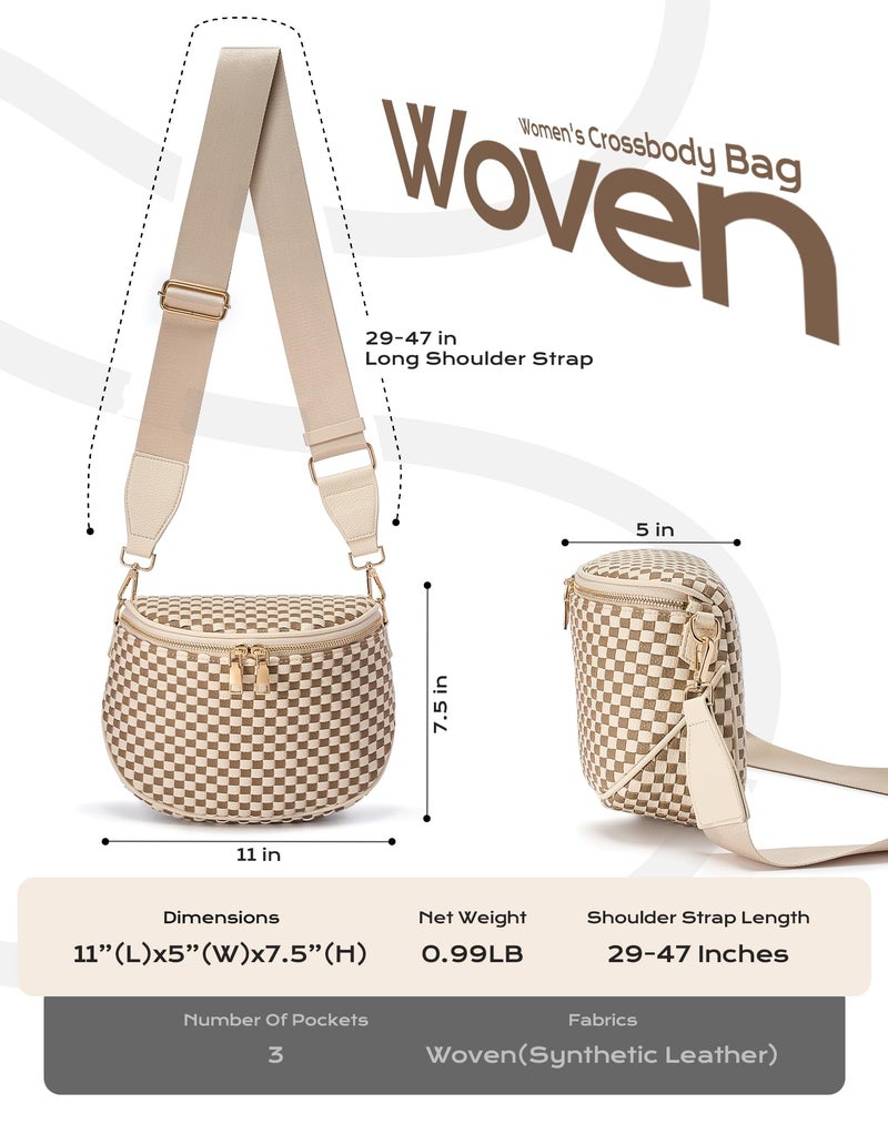 MEISEY Trendy Woven Checkered Crossbody Bum Bag for Womenï¼ŒPU Leather Checkered Purse Fanny Packs Belt Bag (Woven Bum Bag - Khaki Beige) - Image 3