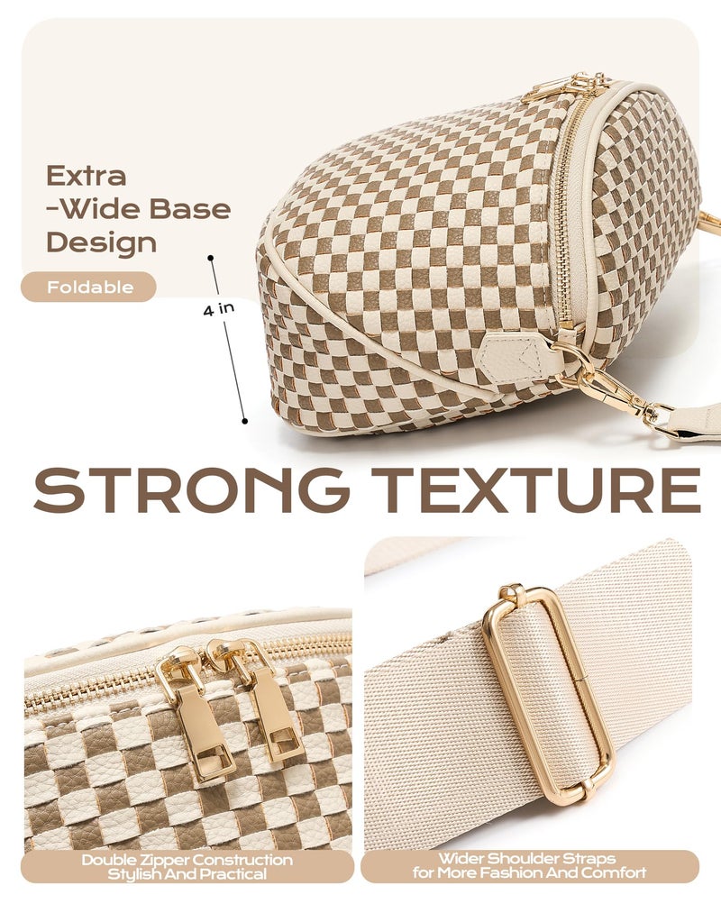 MEISEY Trendy Woven Checkered Crossbody Bum Bag for Womenï¼ŒPU Leather Checkered Purse Fanny Packs Belt Bag (Woven Bum Bag - Khaki Beige) - Image 5
