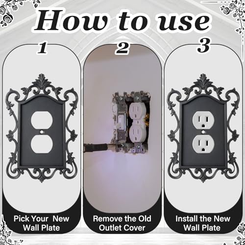 BrightRow 2 Pcs Gothic Coffin Light Switch Cover Black Outlet Covers Wall Plate Victorian Gothic Home Decor Baroque Vintage Rococo Design Plug Plate Vintage Interior Home Decor(Duplex Outlet 1) - Image 4