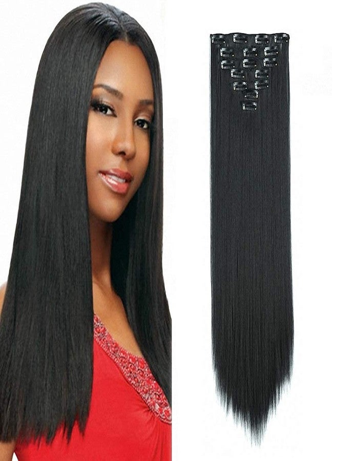 AASA 7 Pcs Clip in Synthetic Hair Extension Long Straight for Women and Girls Black - Image 1