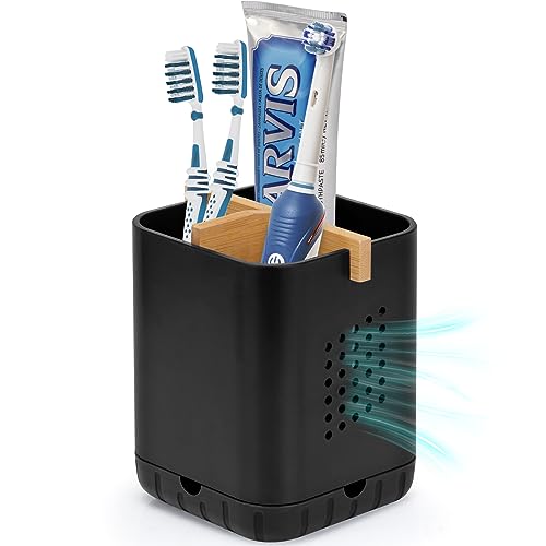 Boperzi Black Toothbrush Holders for Bathroom, Electric Toothbrush Holder with Bamboo Divider, Detachable Anti-Slip Toothbrush and Razor Holder Drainage for Shower, Toothbrush Organizer and Storage - Image 1