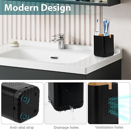 Boperzi Black Toothbrush Holders for Bathroom, Electric Toothbrush Holder with Bamboo Divider, Detachable Anti-Slip Toothbrush and Razor Holder Drainage for Shower, Toothbrush Organizer and Storage - Image 3
