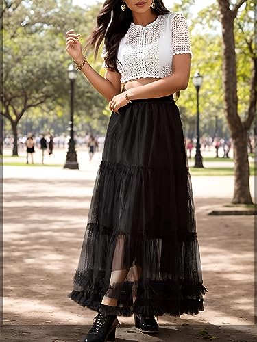 kydely Tulle Skirts for Women Long Pleated Maxi Skirt High Elastic Waist A Line Full Ankle Length Skirt Black - Image 4