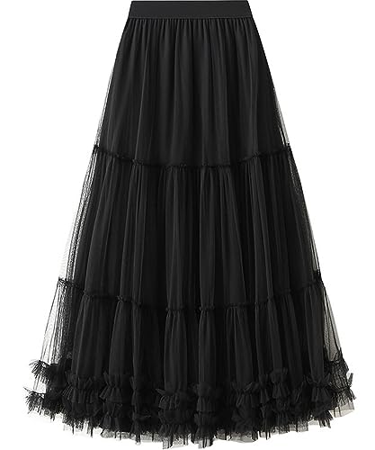 kydely Tulle Skirts for Women Long Pleated Maxi Skirt High Elastic Waist A Line Full Ankle Length Skirt Black - Image 1