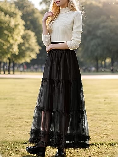 kydely Tulle Skirts for Women Long Pleated Maxi Skirt High Elastic Waist A Line Full Ankle Length Skirt Black - Image 3