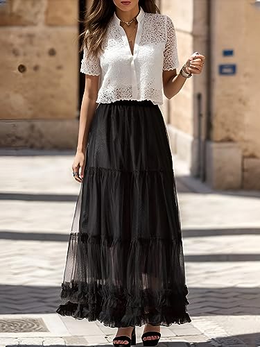 kydely Tulle Skirts for Women Long Pleated Maxi Skirt High Elastic Waist A Line Full Ankle Length Skirt Black - Image 2