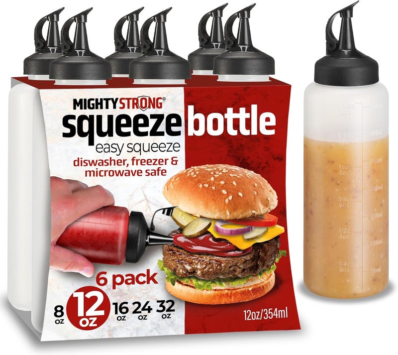 MIGHTY STRONG 6 Pack Squeeze Bottles for Sauces & Liquids - 12 Oz Easy Pour, Leak Proof Snap Cap Condiment Bottles - Image 1