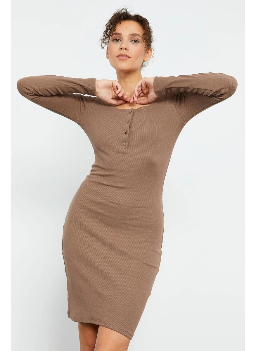 Tommy Life Beige Women's Camisole Knitwear Slim Cut Placket Collar Dress-97116