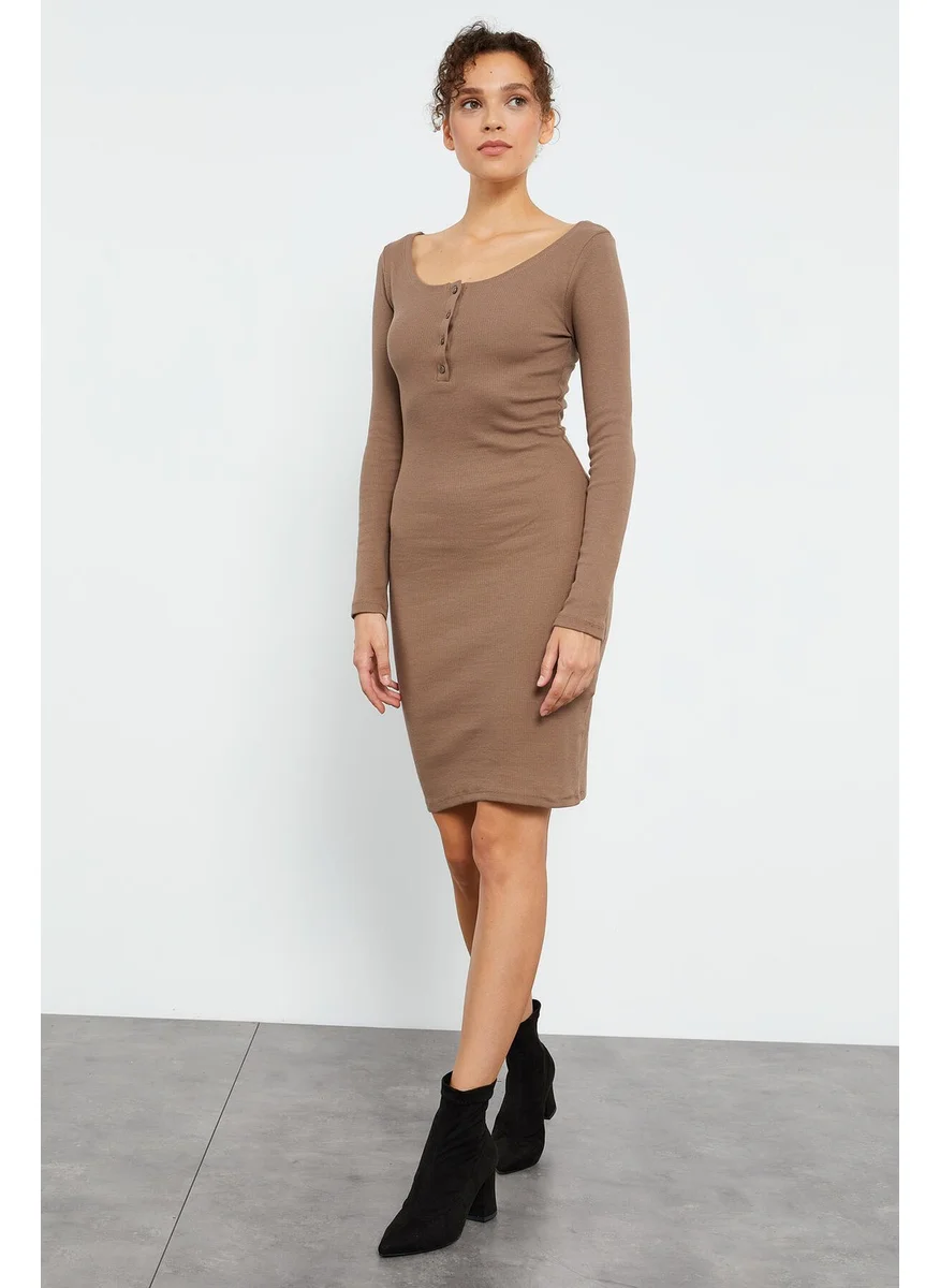 Tommy Life Beige Women's Camisole Knitwear Slim Cut Placket Collar Dress-97116