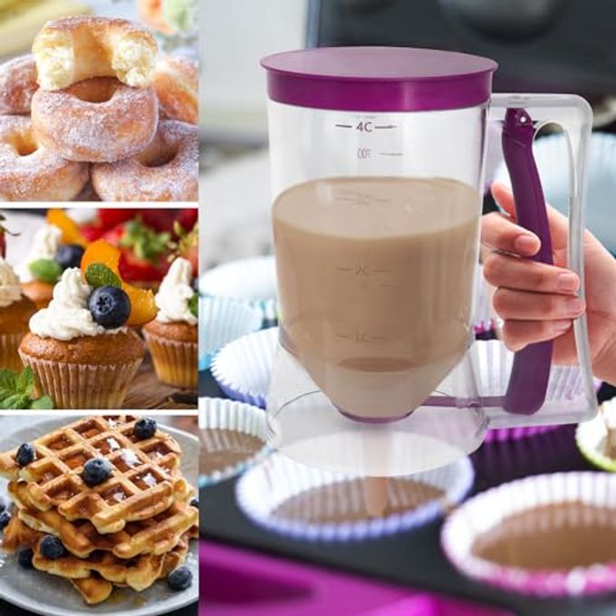YOUOIVIA Pancake Batter Dispenser 4-Cup Cupcake Batter Separator with Squeeze Handle Kitchen Must Have Baking Tool for Pancakes, Cupcake, Waffle, Muffin Mix Pancake Maker with Measuring Label - Image 3