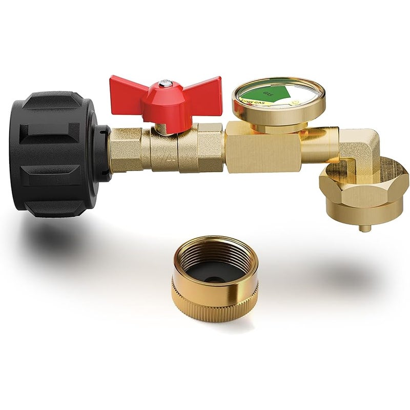 NUPICK Propane Refill Adapter for 1 LB. Tanks, Propane Adapter 20lb to 1lb Converter with Gauge and Valve, Propane Tank Refill Adapter with 90-Degree Elbow Design, Come with Bottle Cap - Image 1
