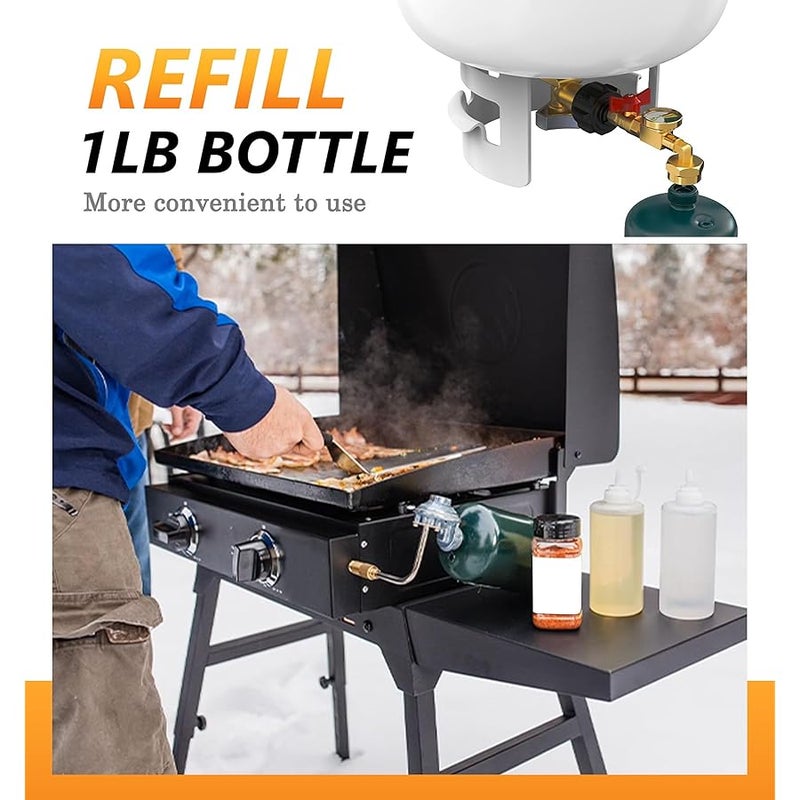 NUPICK Propane Refill Adapter for 1 LB. Tanks, Propane Adapter 20lb to 1lb Converter with Gauge and Valve, Propane Tank Refill Adapter with 90-Degree Elbow Design, Come with Bottle Cap - Image 2