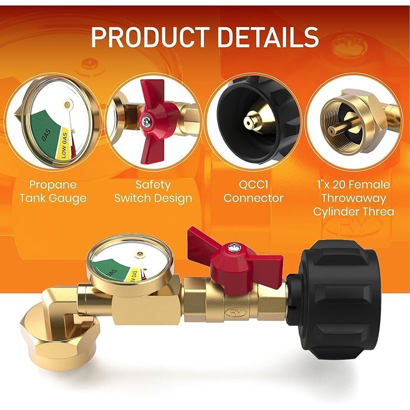 NUPICK Propane Refill Adapter for 1 LB. Tanks, Propane Adapter 20lb to 1lb Converter with Gauge and Valve, Propane Tank Refill Adapter with 90-Degree Elbow Design, Come with Bottle Cap - Image 3