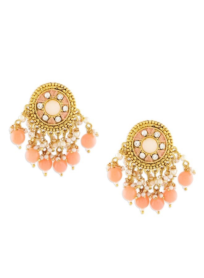 Zaveri Pearls أقراط متدلية تقليدية من اللؤلؤ والمينا والماس النمساوي من زافيري، لون الخوخ، للنساء - ZPFK17768 - Image 1
