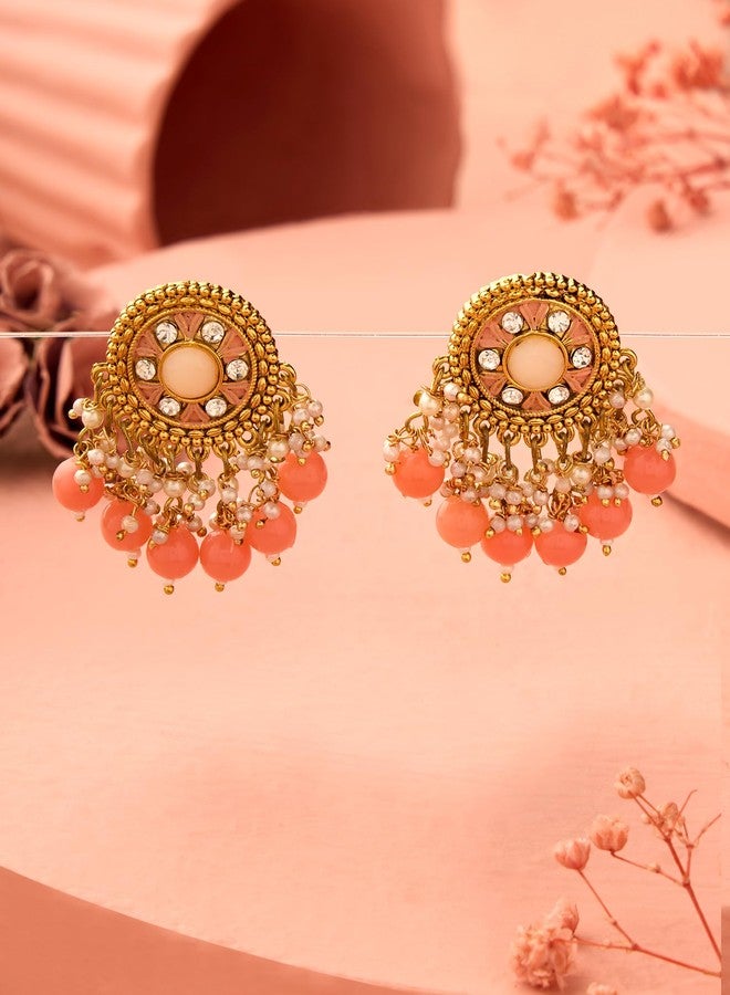 Zaveri Pearls أقراط متدلية تقليدية من اللؤلؤ والمينا والماس النمساوي من زافيري، لون الخوخ، للنساء - ZPFK17768 - Image 2