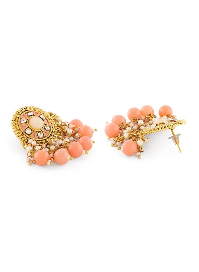 Zaveri Pearls أقراط متدلية تقليدية من اللؤلؤ والمينا والماس النمساوي من زافيري، لون الخوخ، للنساء - ZPFK17768 - Image 5