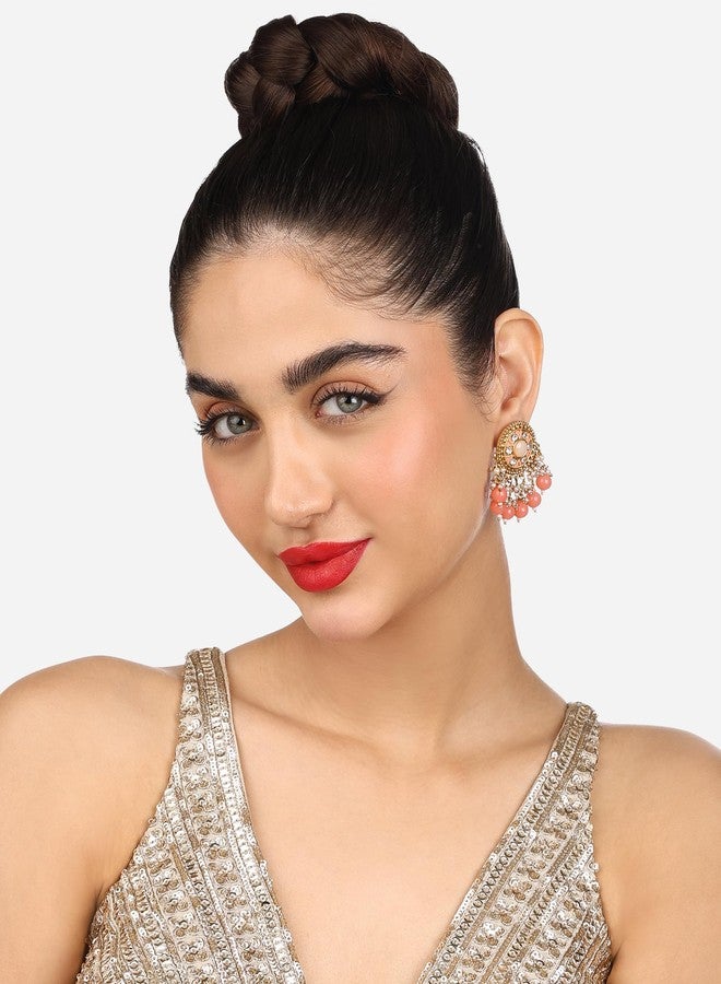Zaveri Pearls أقراط متدلية تقليدية من اللؤلؤ والمينا والماس النمساوي من زافيري، لون الخوخ، للنساء - ZPFK17768 - Image 4
