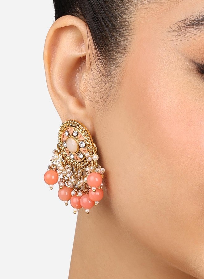 Zaveri Pearls أقراط متدلية تقليدية من اللؤلؤ والمينا والماس النمساوي من زافيري، لون الخوخ، للنساء - ZPFK17768 - Image 3