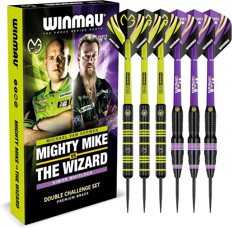 WINMAU Darts Michael 'MvG' Van Gerwen Vs Simon 'The Wizard' Whitlock Twin Set - 22g Steeltip Brass Darts with Flights and Shafts - Image 1