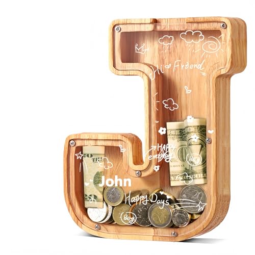 UBeesize Wooden Letter Piggy Bank for Boys Girls26 Personalized Alphabet Money BankCoin Bank Birthday Gift for KidsChildrens Gift J - Image 1