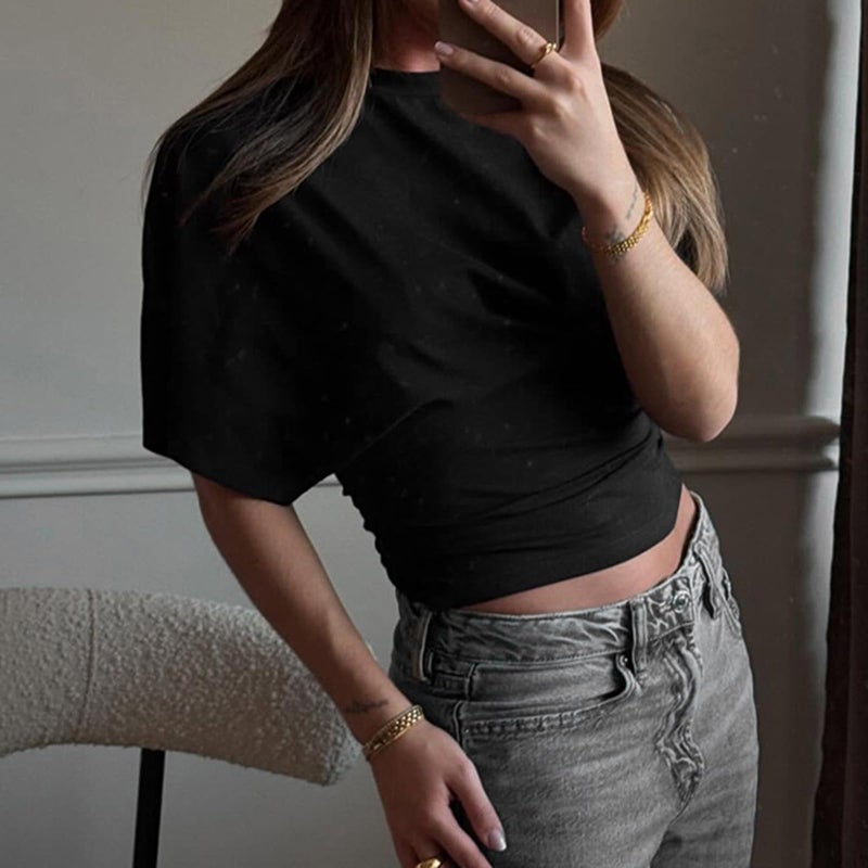 Foidiccx Womens Wide Short Sleeve Y2k Shirts Summer Going Out Corset Grunge Tops Loose Fit Tee Streetwear Cinched Waist T Shirt Vintage Aesthetic Fitted Casual Cropped Top (Black, M) - Image 4