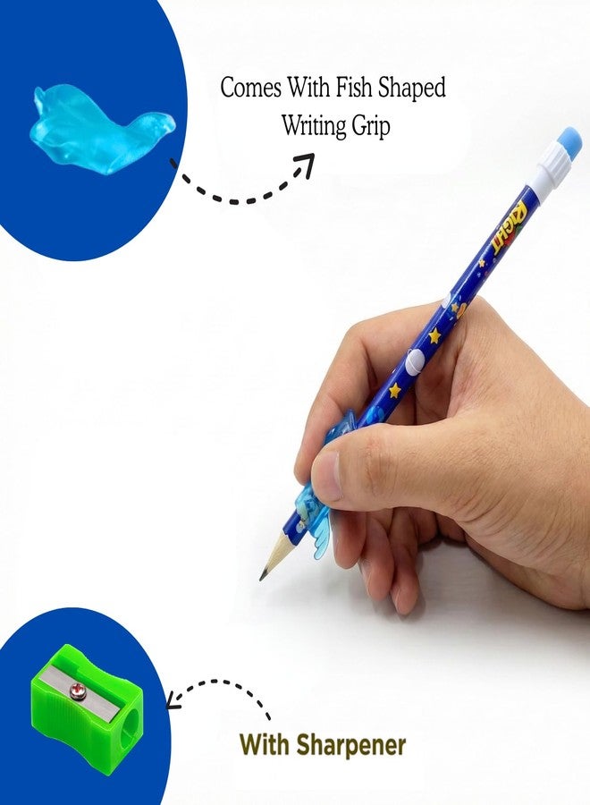 RIGHT HB Wooden Pencils Set for Kids – Pack of 12, Super Dark Black Pencils with Top Erasers, 1 Grip & 1 Sharpener | Writing Pencils for School, Home & Study Use (Astronaut) - Image 4